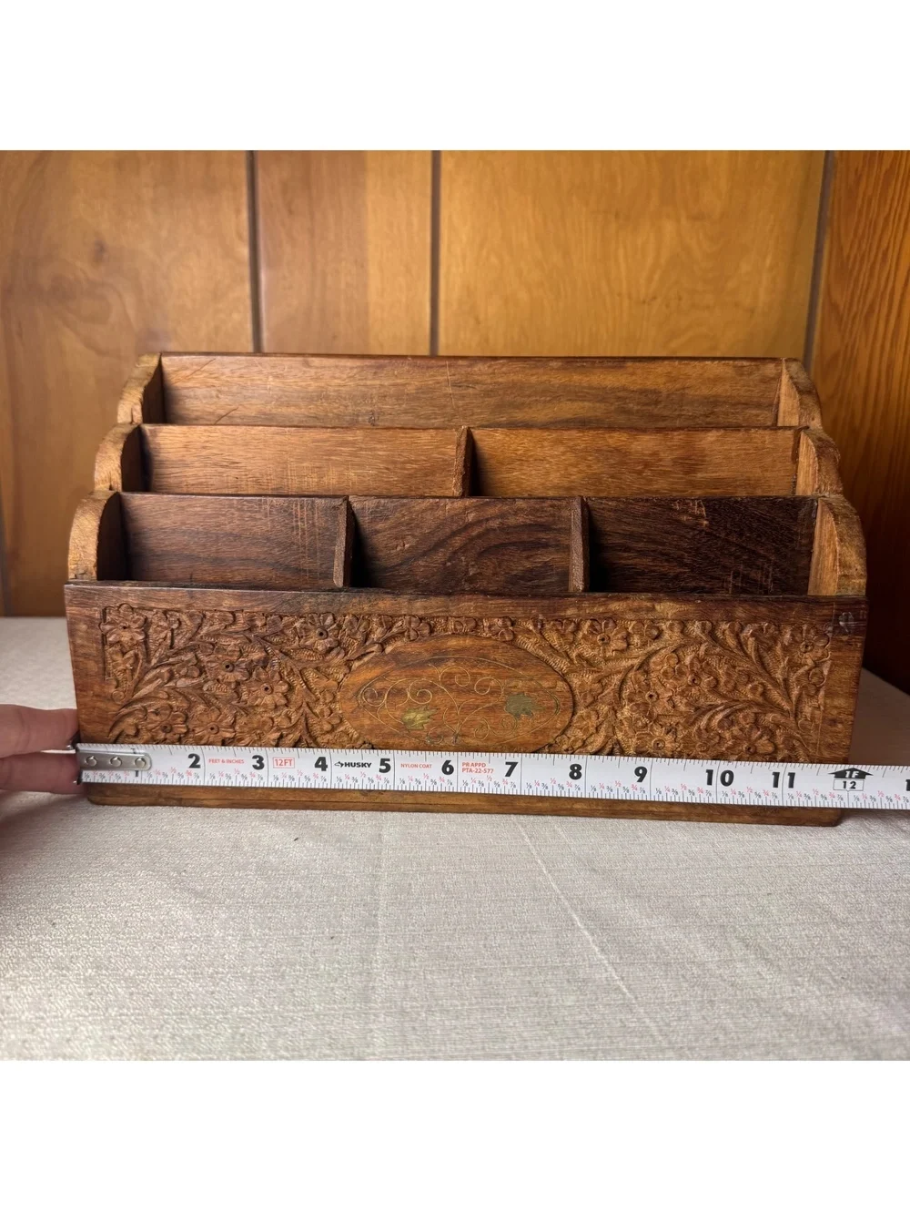 Vintage Hand Carved Wooden Desk Organizer Letter Holder Mail Sorter Boho